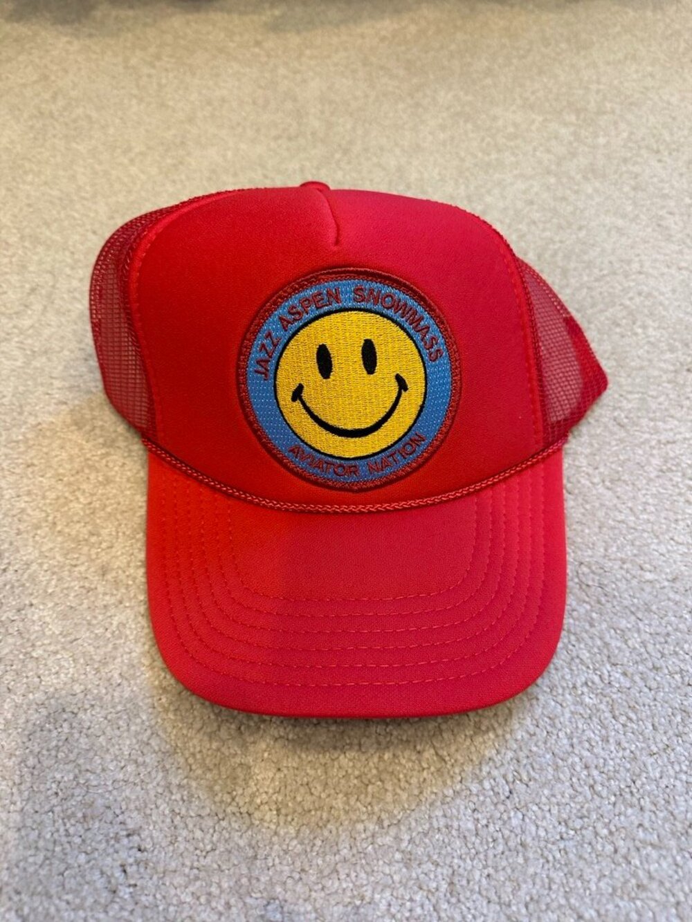 NWOT Aviator Nation Jazz Aspen Snowmass Festival Trucker Hat Smiley Red